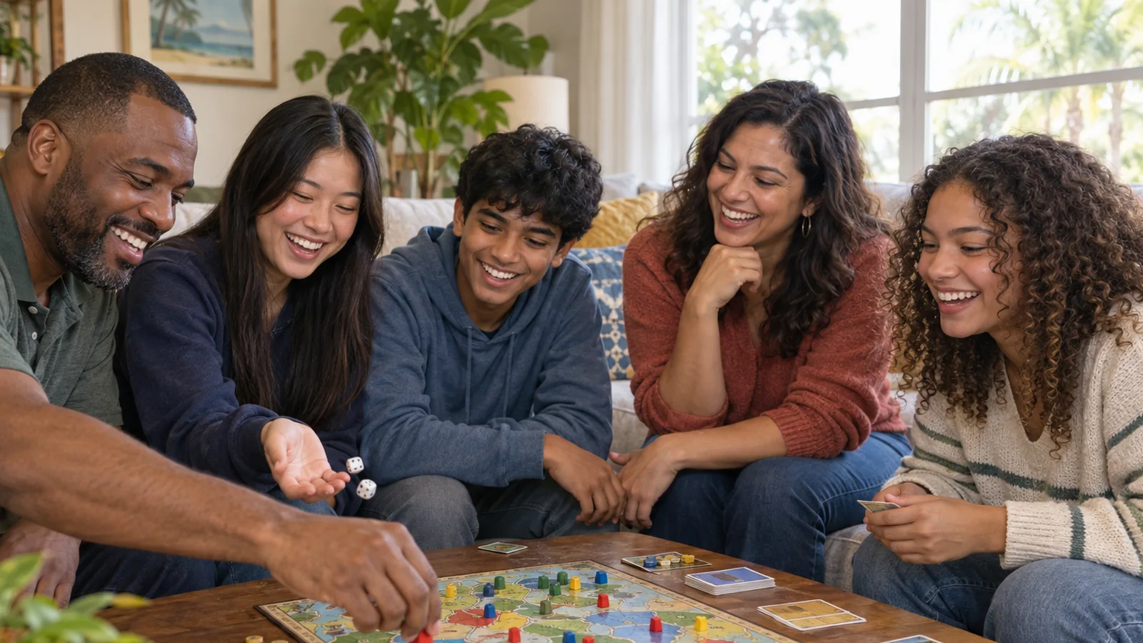 Two parents and three teenagers from different cultural backgrounds laugh together while playing a board game around a living room coffee table