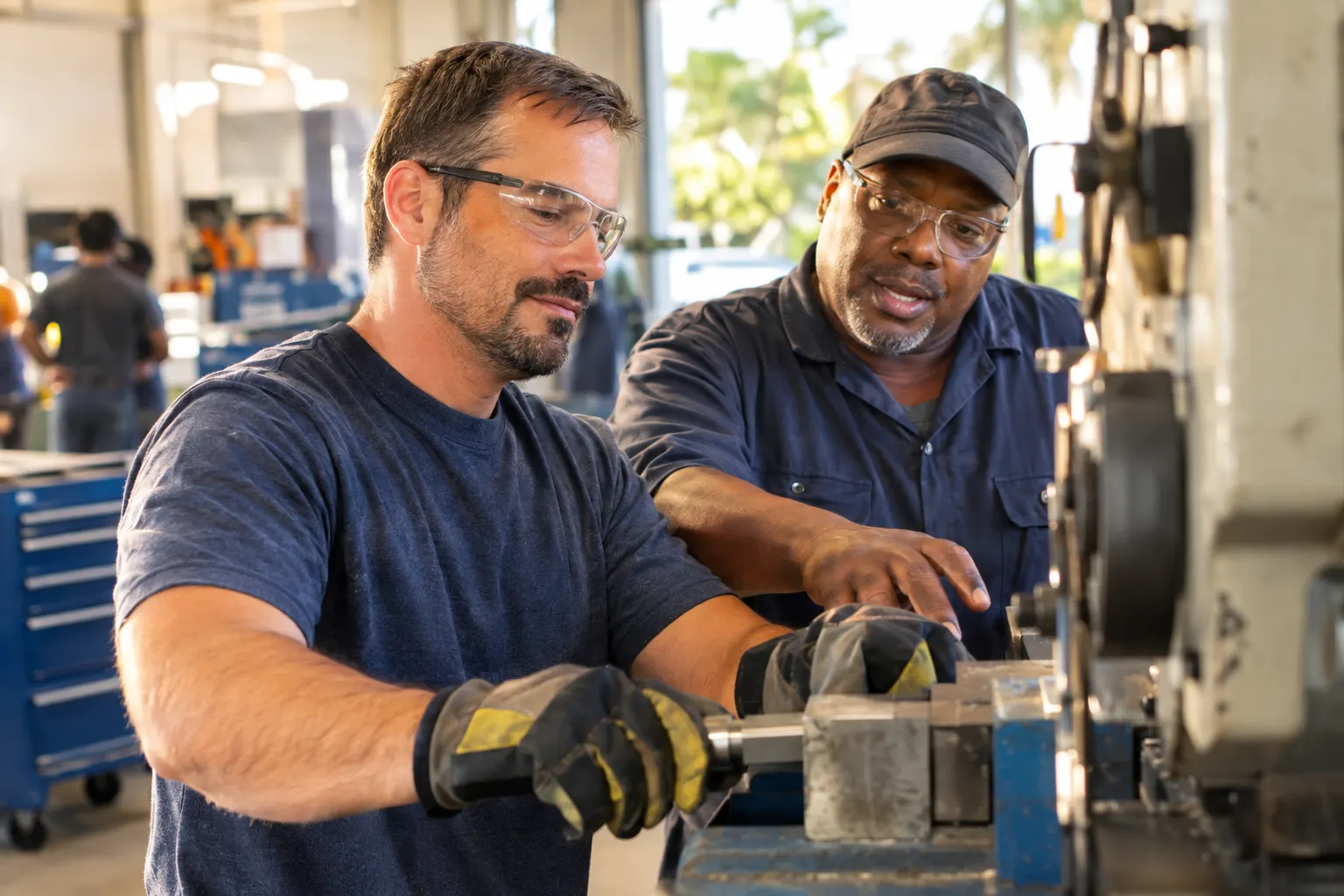 An adult trainee in safety glasses learning from an instructor in a vocational workshop