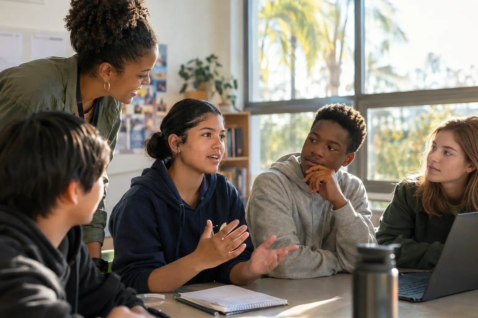 Students in a community classroom listening to a classmate while a mentor leans in